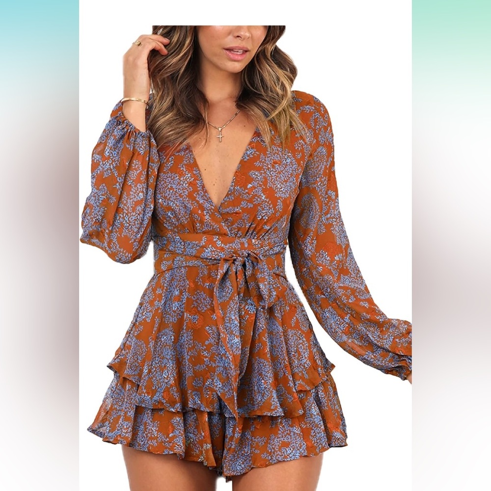 Classic Rust and Purple Floral Long Sleeve Romper